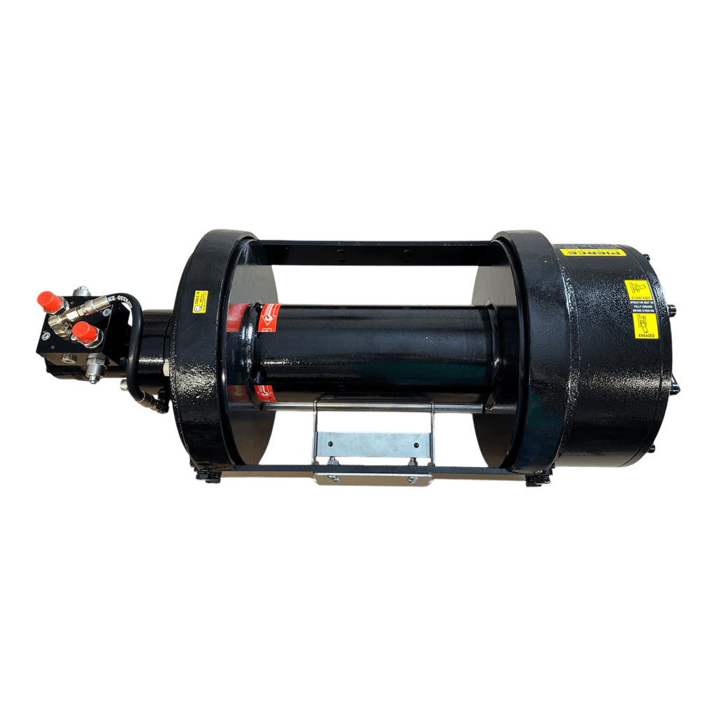 The PIERCE 30,000 lb Hydraulic Recovery Winch with a long drum and manual clutch features a metal frame and control valves—ideal for heavy-duty recovery operations.