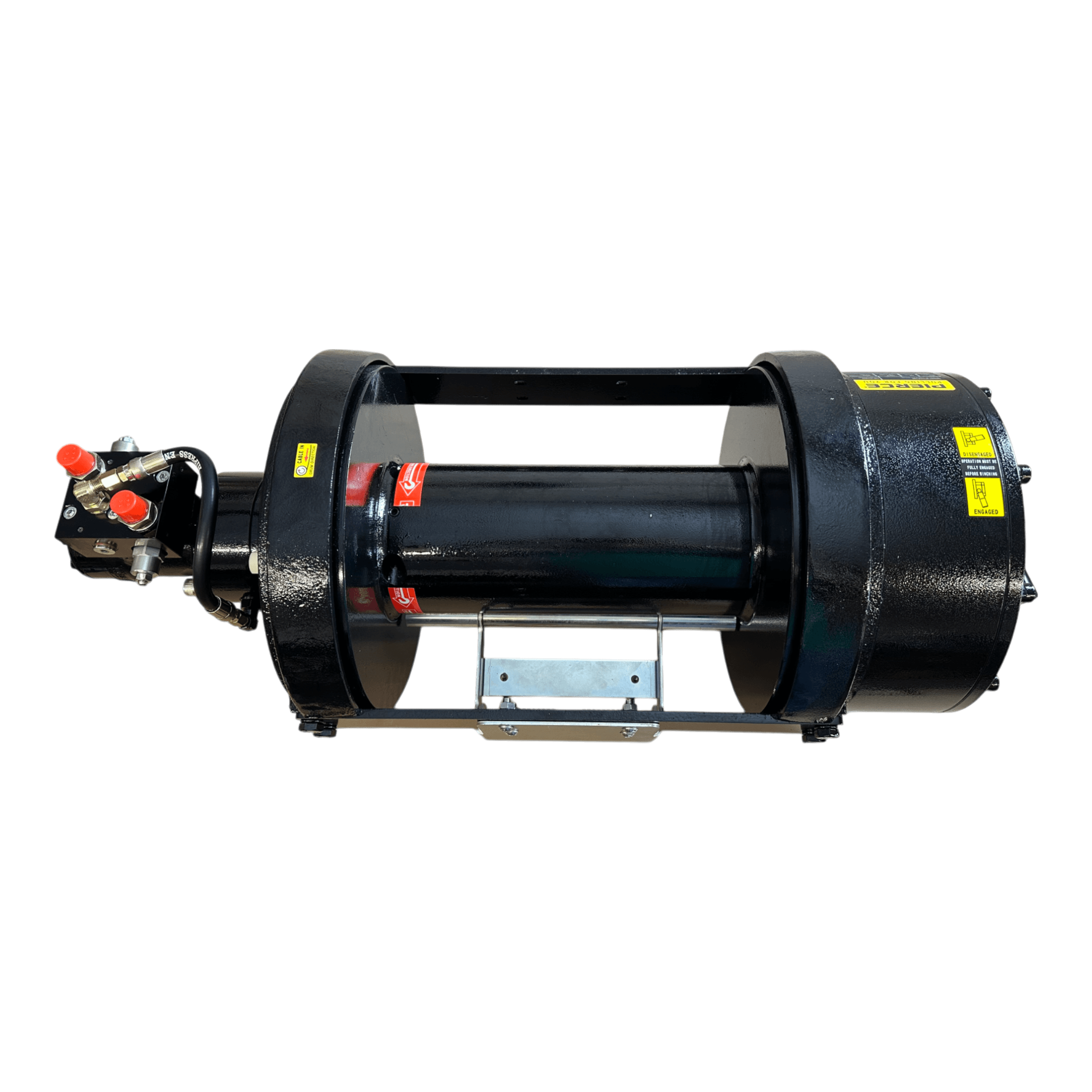 The PIERCE 30,000 lb Hydraulic Recovery Winch with a long drum and manual clutch features a metal frame and control valves—ideal for heavy-duty recovery operations.