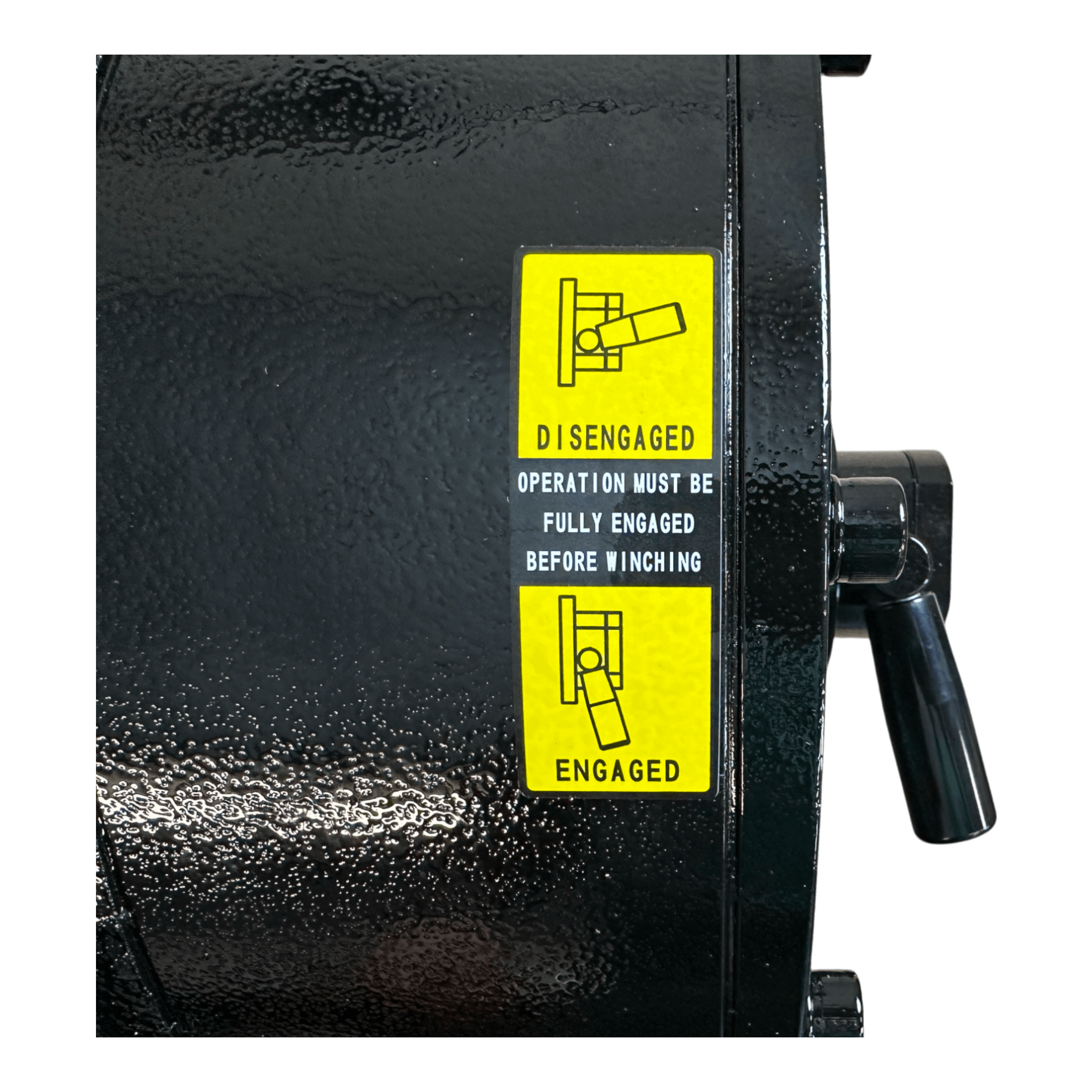 Close-up of the PIERCE 30,000 lb Hydraulic Recovery Winch (Long Drum, Manual Clutch) shows a black winch with a yellow label indicating disengaged and engaged lever positions, designed for heavy recovery operations.