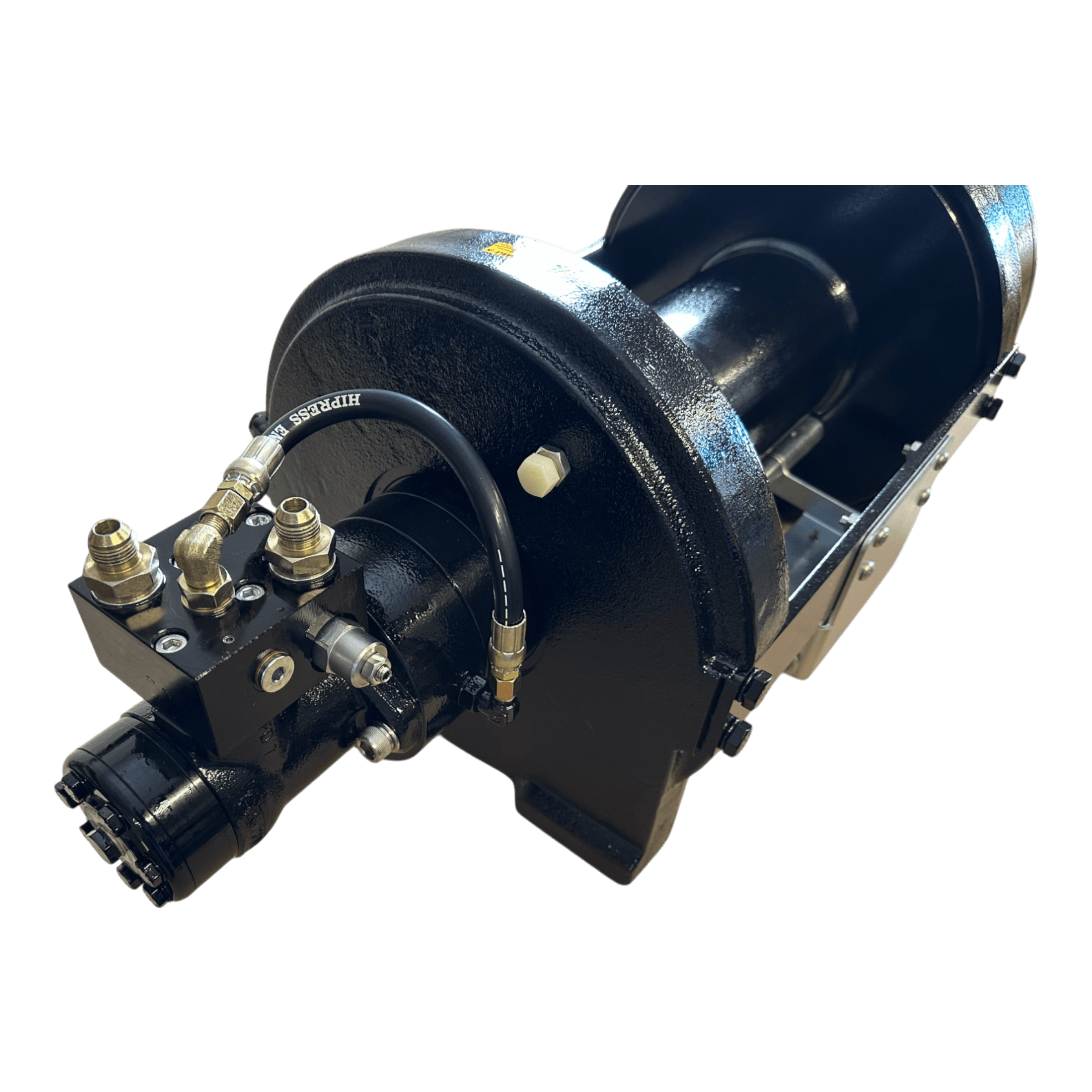 The PIERCE 30,000 lb Hydraulic Recovery Winch with long drum and manual clutch is shown angled on a white background, featuring hoses and metal fittings, and engineered for heavy-duty recovery operations.