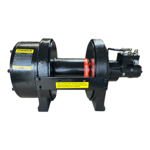 The PIERCE 30,000 lb Hydraulic Recovery Winch with a narrow drum and air clutch features a black casing adorned with yellow labels on a black background.
