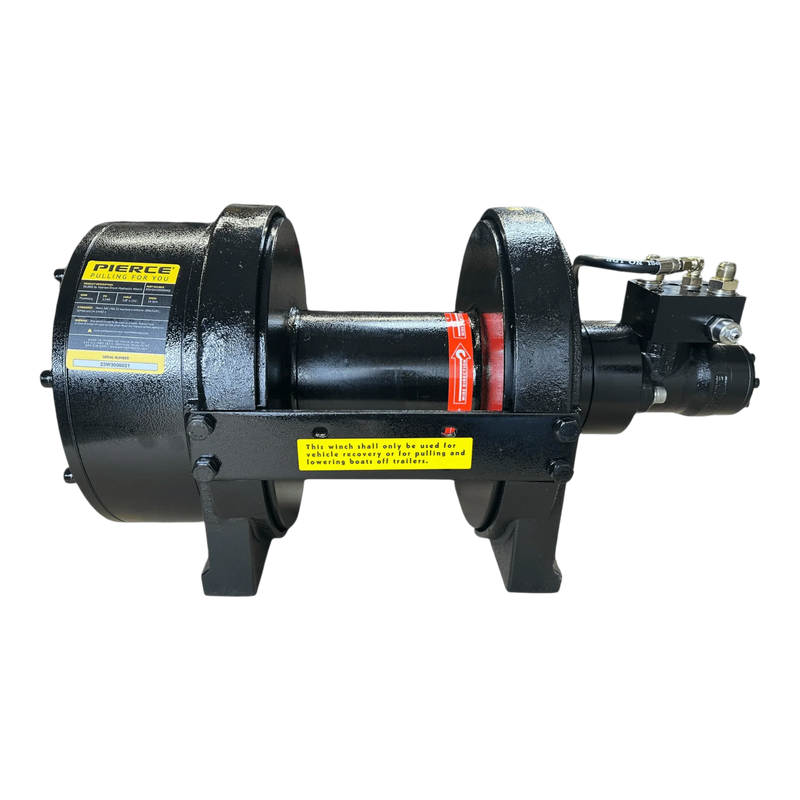 The PIERCE 30,000 lb Hydraulic Recovery Winch features a narrow drum, air clutch, metal frame, and warning labels—ideal for heavy-duty towing operations.