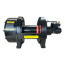 The PIERCE 30,000 lb Hydraulic Recovery Winch features a narrow drum, air clutch, metal frame, and warning labels—ideal for heavy-duty towing operations.