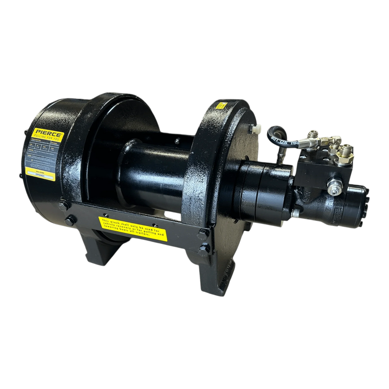 The PIERCE 30,000 lb Hydraulic Recovery Winch with a narrow drum and air clutch is mounted on a metal base, isolated on white, and includes labels and a control valve.