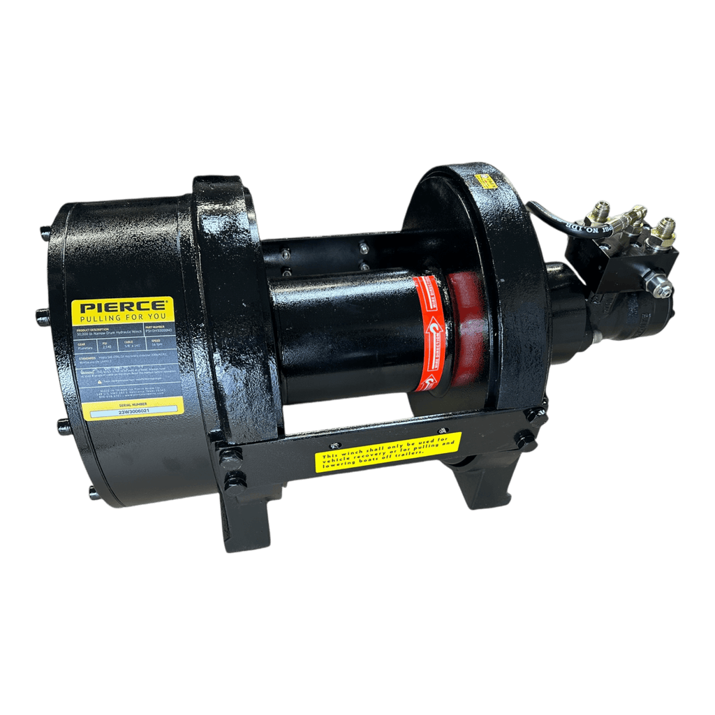 The PIERCE 30,000 lb Hydraulic Recovery Winch with a narrow drum and air clutch features yellow labels and exposed wiring, making it ideal for heavy-duty towing applications; shown here on a white background.