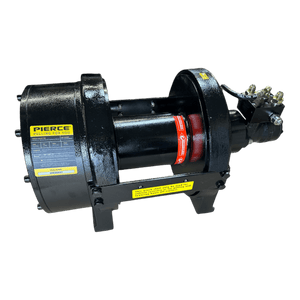 PIERCE 30,000 lb Hydraulic Recovery Winch with a Narrow Drum and Air Clutch on a black background, showcasing labels and connectors.