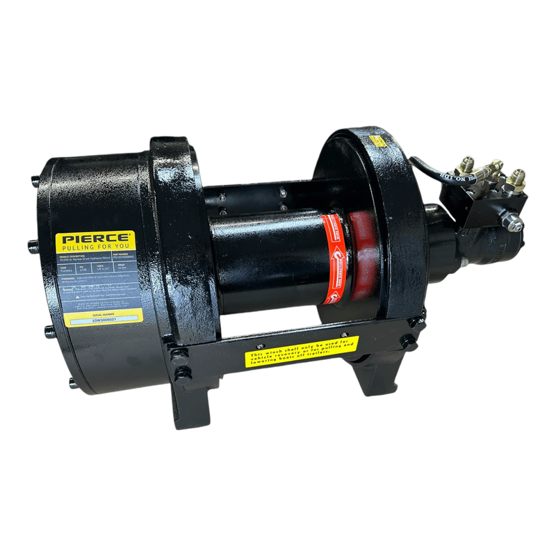 The PIERCE 30,000 lb Hydraulic Recovery Winch with a narrow drum and air clutch features yellow labels and exposed wiring, making it ideal for heavy-duty towing applications; shown here on a white background.