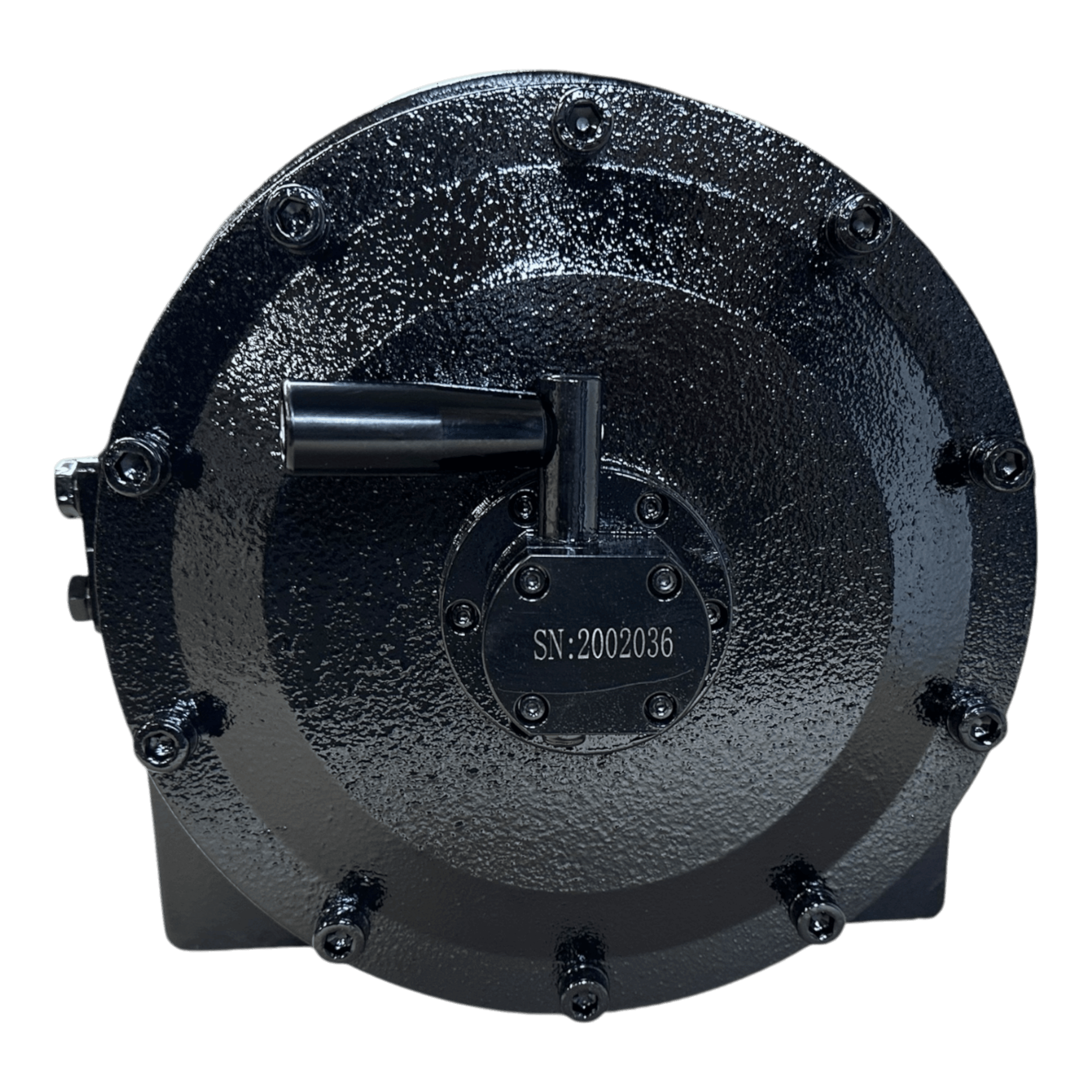 Black, round metal component with bolts and small handle, labeled SN: 2002036. This PIERCE 20,000 lb Hydraulic Recovery Winch (Long Drum, Manual Clutch) is built for hydraulic winch systems and heavy-duty recovery tasks.