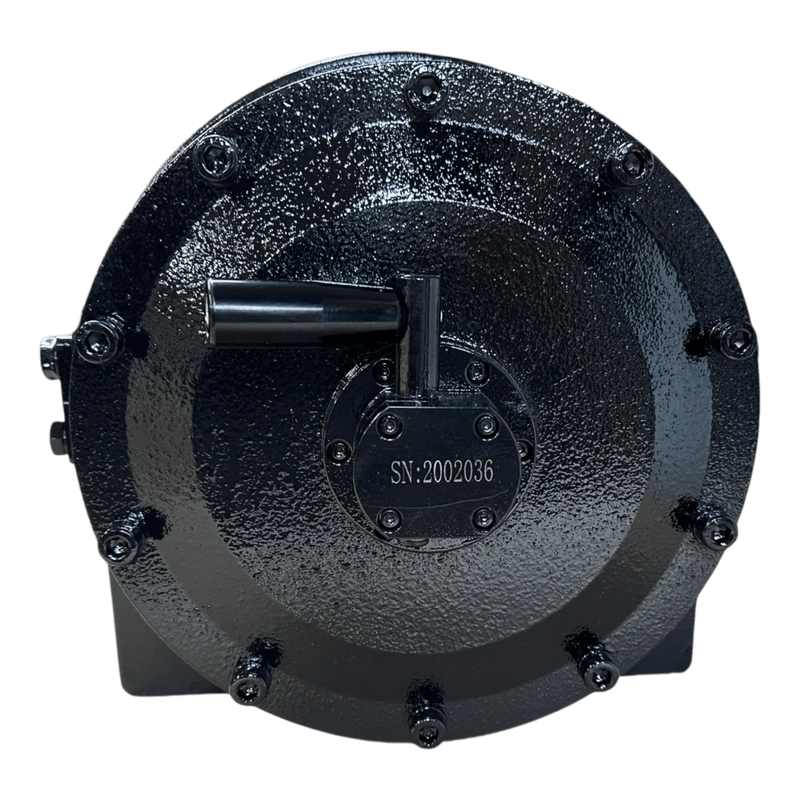 Black, round metal component with bolts and small handle, labeled SN: 2002036. This PIERCE 20,000 lb Hydraulic Recovery Winch (Long Drum, Manual Clutch) is built for hydraulic winch systems and heavy-duty recovery tasks.