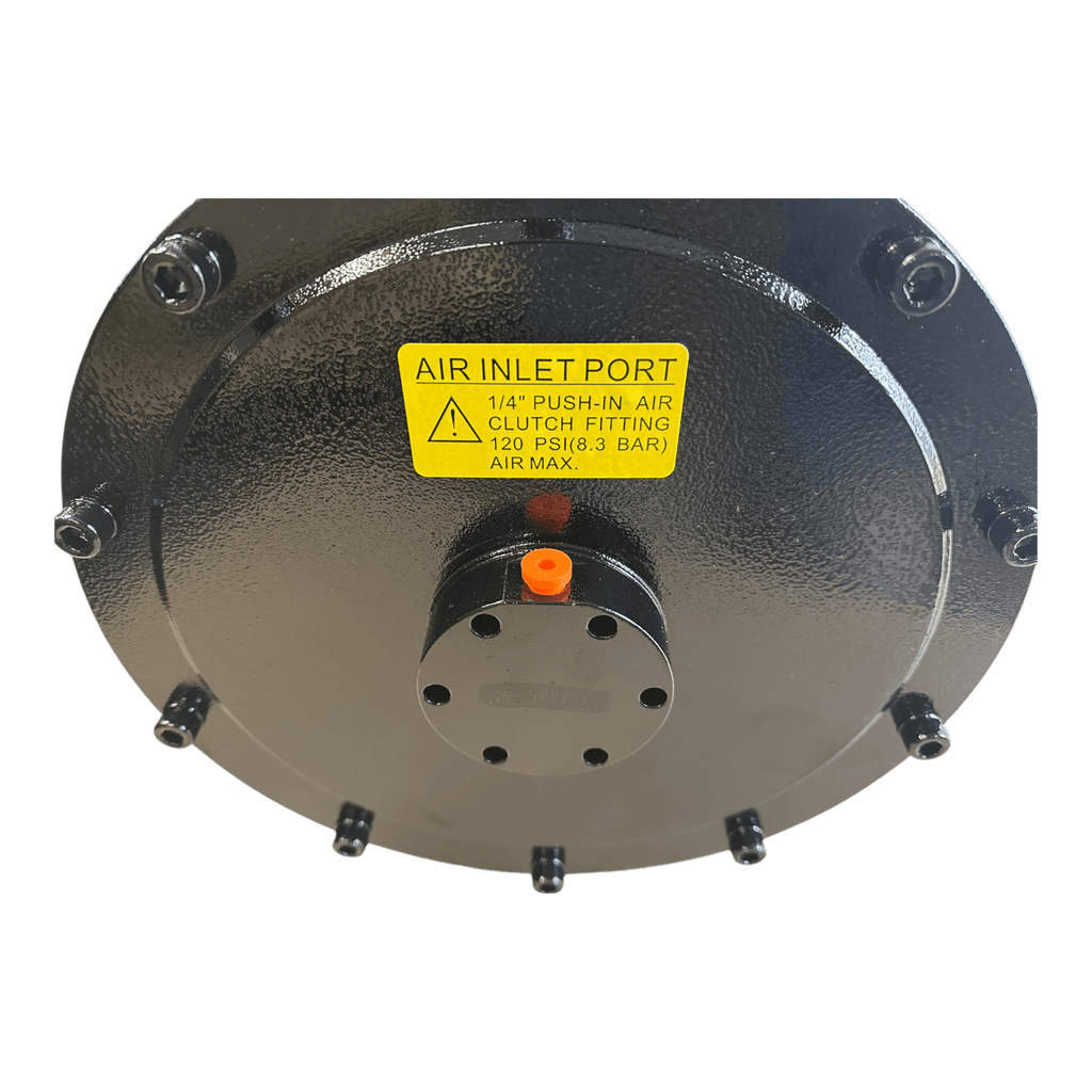 The PIERCE 30,000 lb Hydraulic Recovery Winch (Narrow Drum, Air Clutch) features a black industrial component with a yellow AIR INLET PORT label and red-capped air fitting for heavy-duty towing or hydraulic recovery applications.