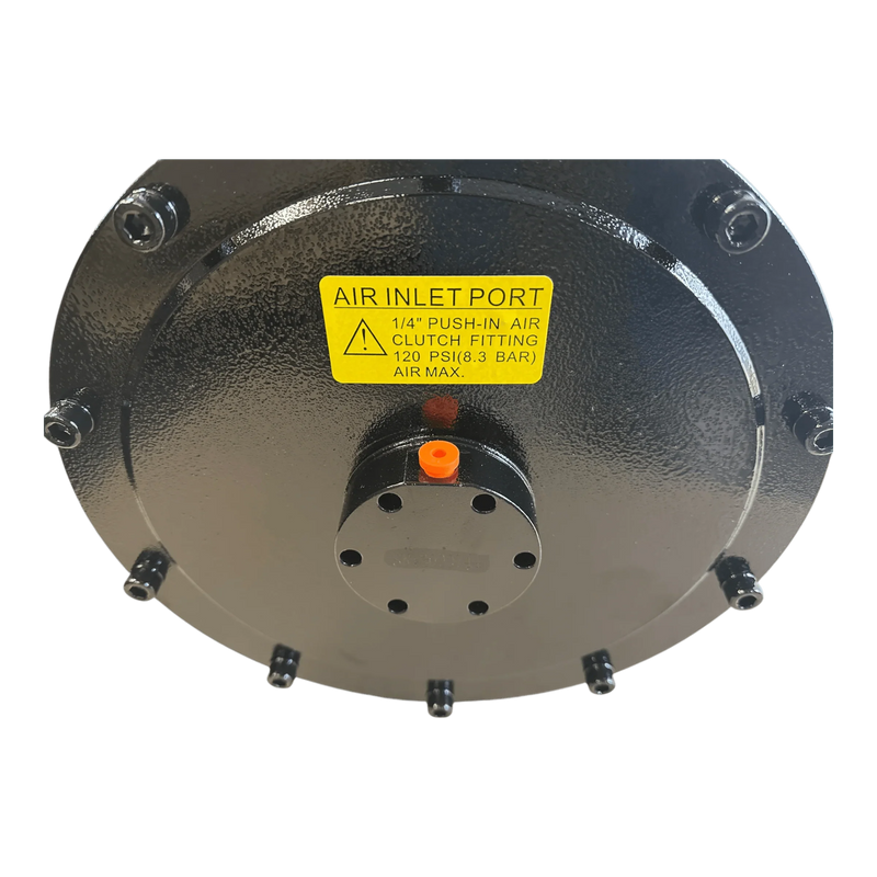 The PIERCE 30,000 lb Hydraulic Recovery Winch (Narrow Drum, Air Clutch) features a black industrial component with a yellow AIR INLET PORT label and red-capped air fitting for heavy-duty towing or hydraulic recovery applications.