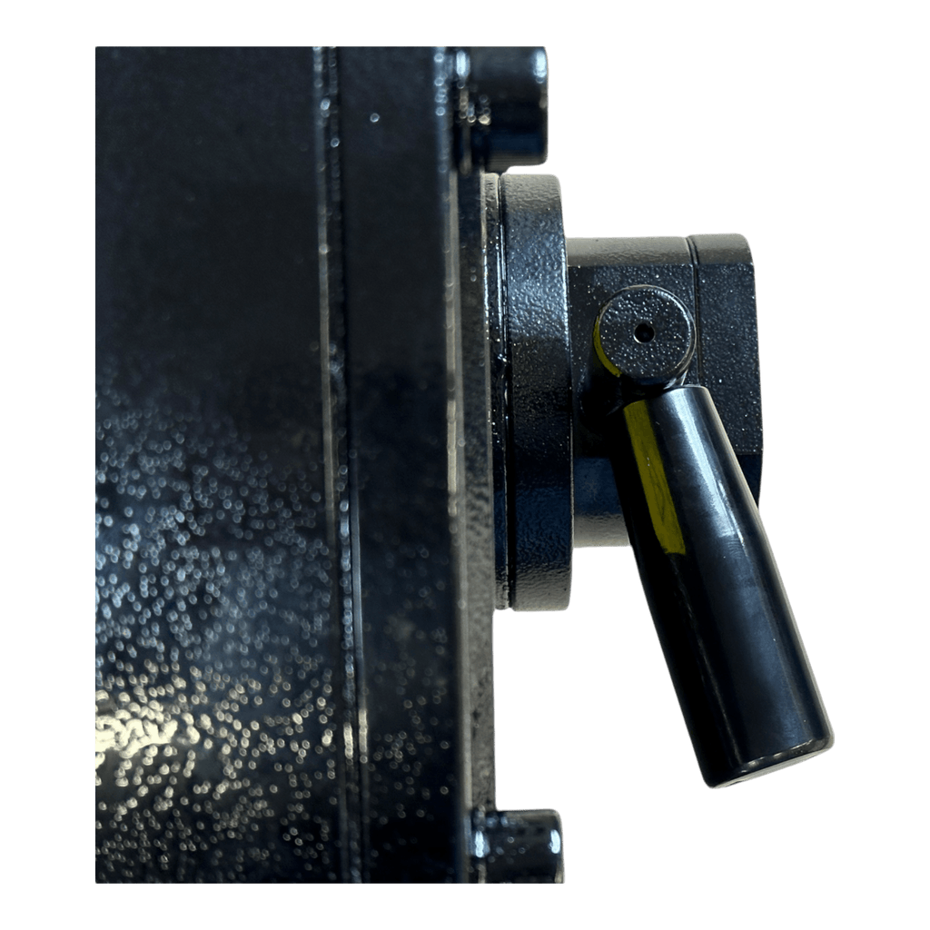 Close-up of a black metal lever on the 30,000 lb Hydraulic Recovery Winch | Narrow Drum | Air Clutch by PIERCE, shown attached to its textured metallic surface—ideal for heavy-duty towing and hydraulic recovery winch operations.