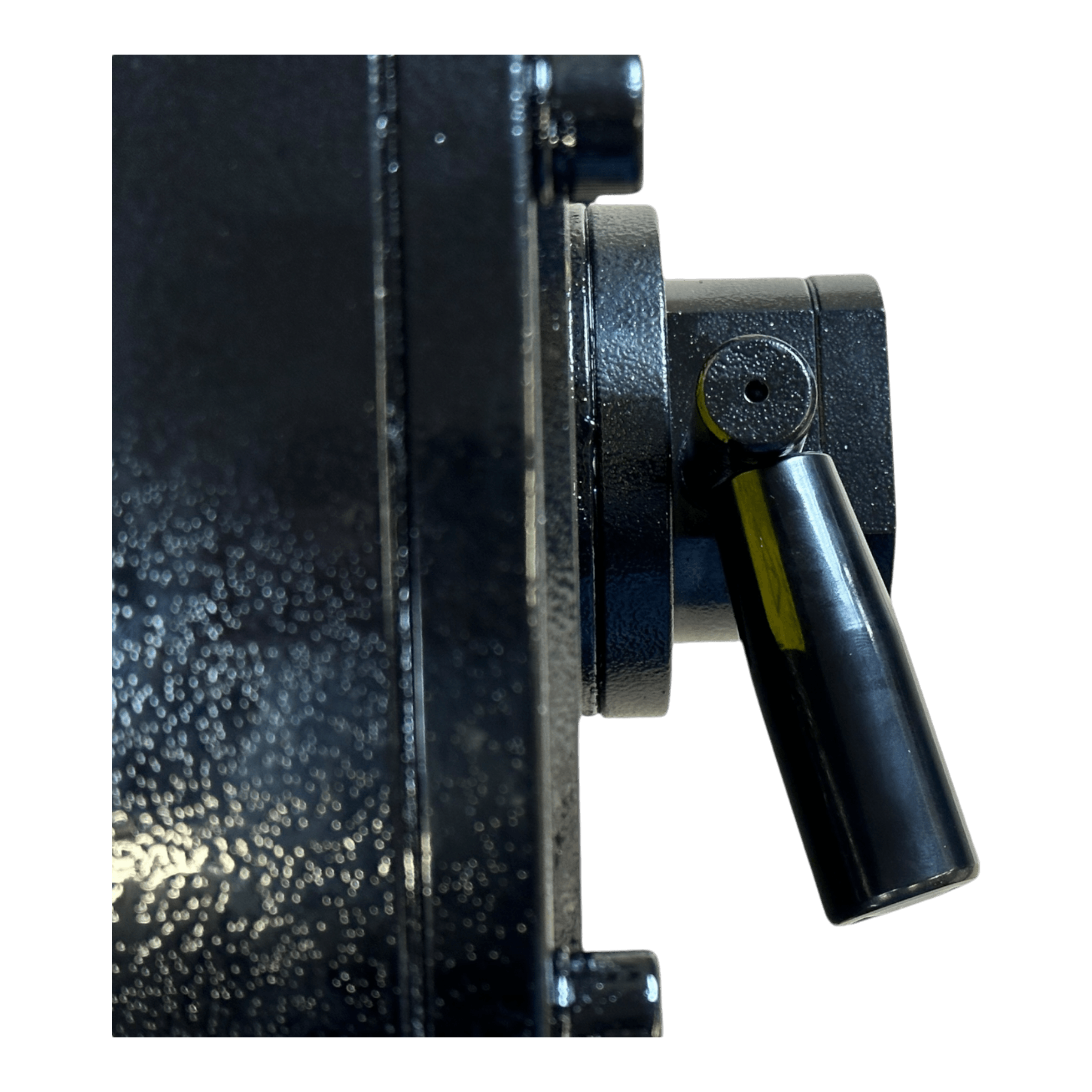 Close-up of a black metal lever on the 30,000 lb Hydraulic Recovery Winch | Narrow Drum | Air Clutch by PIERCE, shown attached to its textured metallic surface—ideal for heavy-duty towing and hydraulic recovery winch operations.