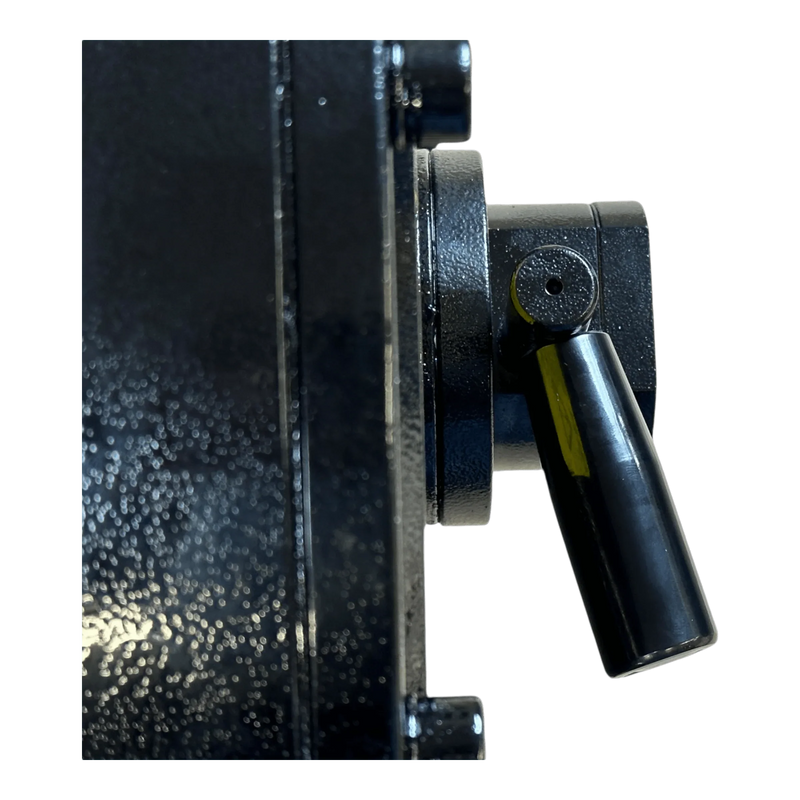 Close-up of a black metal lever on the 30,000 lb Hydraulic Recovery Winch | Narrow Drum | Air Clutch by PIERCE, shown attached to its textured metallic surface—ideal for heavy-duty towing and hydraulic recovery winch operations.