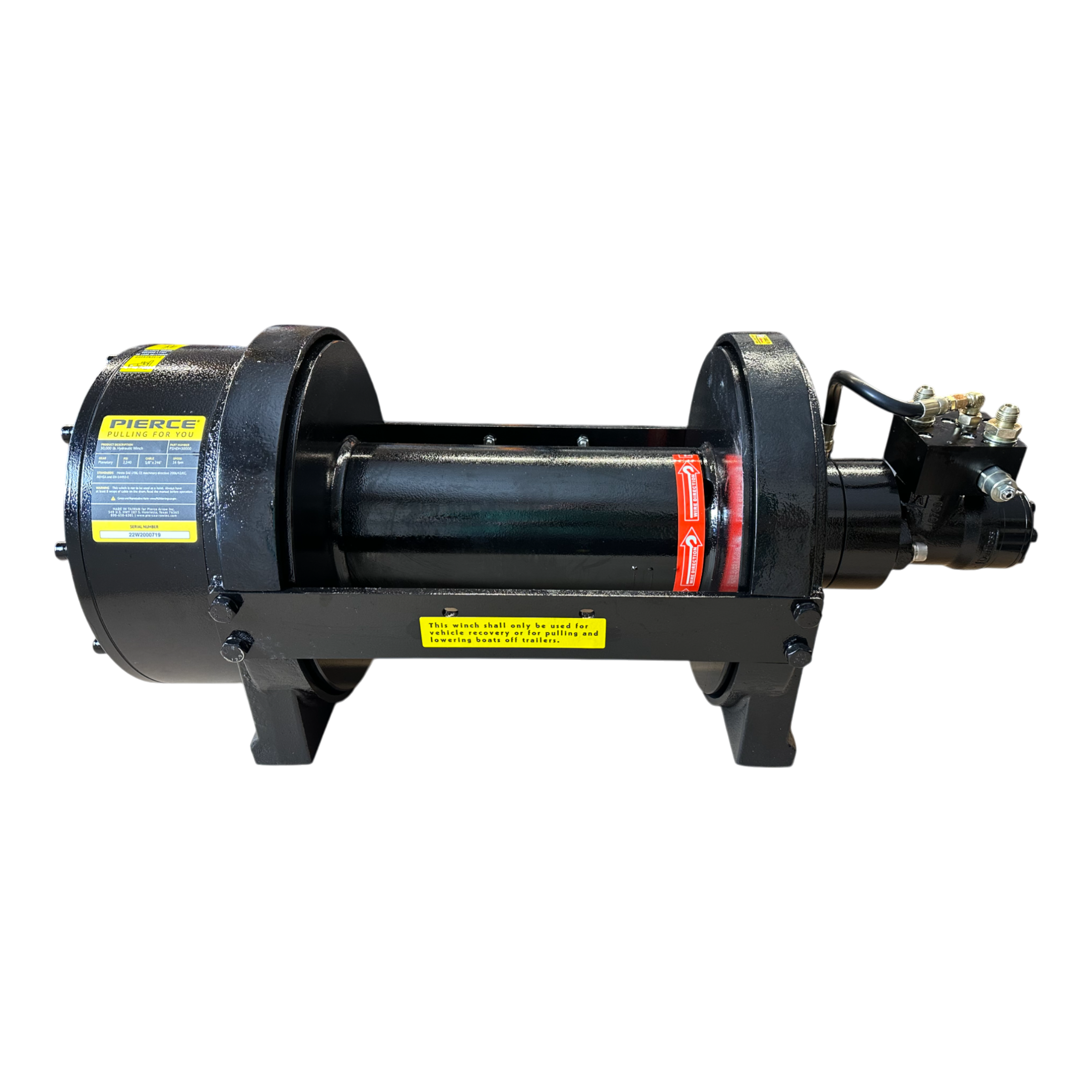 The PIERCE 30,000 lb Hydraulic Recovery Winch with a Narrow Drum and Manual Clutch is showcased on a black background. This industrial winch features a central drum and labels, using a manual clutch along with a planetary gear system to provide precision and power for demanding applications.