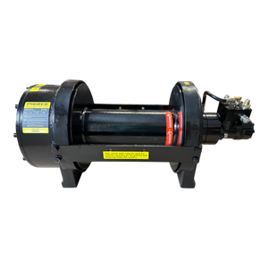 The PIERCE 30,000 lb Hydraulic Recovery Winch with a Narrow Drum and Manual Clutch is showcased on a black background. This industrial winch features a central drum and labels, using a manual clutch along with a planetary gear system to provide precision and power for demanding applications.