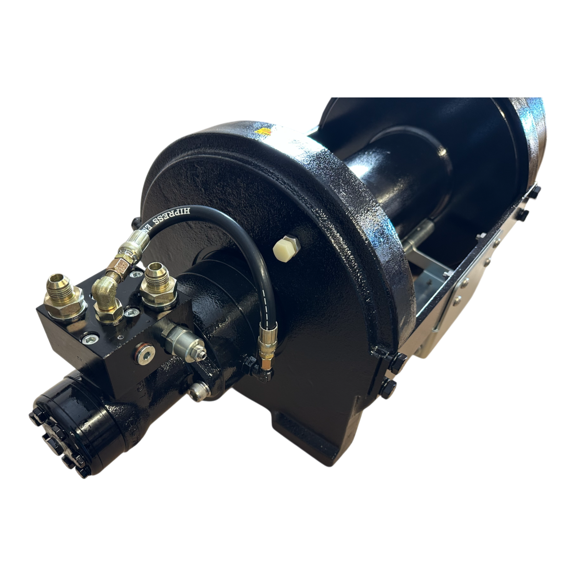 Close-up of the PIERCE 30,000 lb Hydraulic Recovery Winch with a narrow drum, featuring a black industrial hydraulic motor, connected hoses, metal fittings, and an integrated planetary gear system.