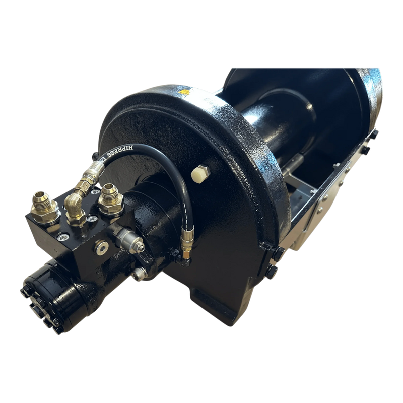 The PIERCE 30,000 lb Hydraulic Recovery Winch with a narrow drum and manual clutch features metal hoses and fittings, making it ideal for hydraulic or industrial recovery winch systems.