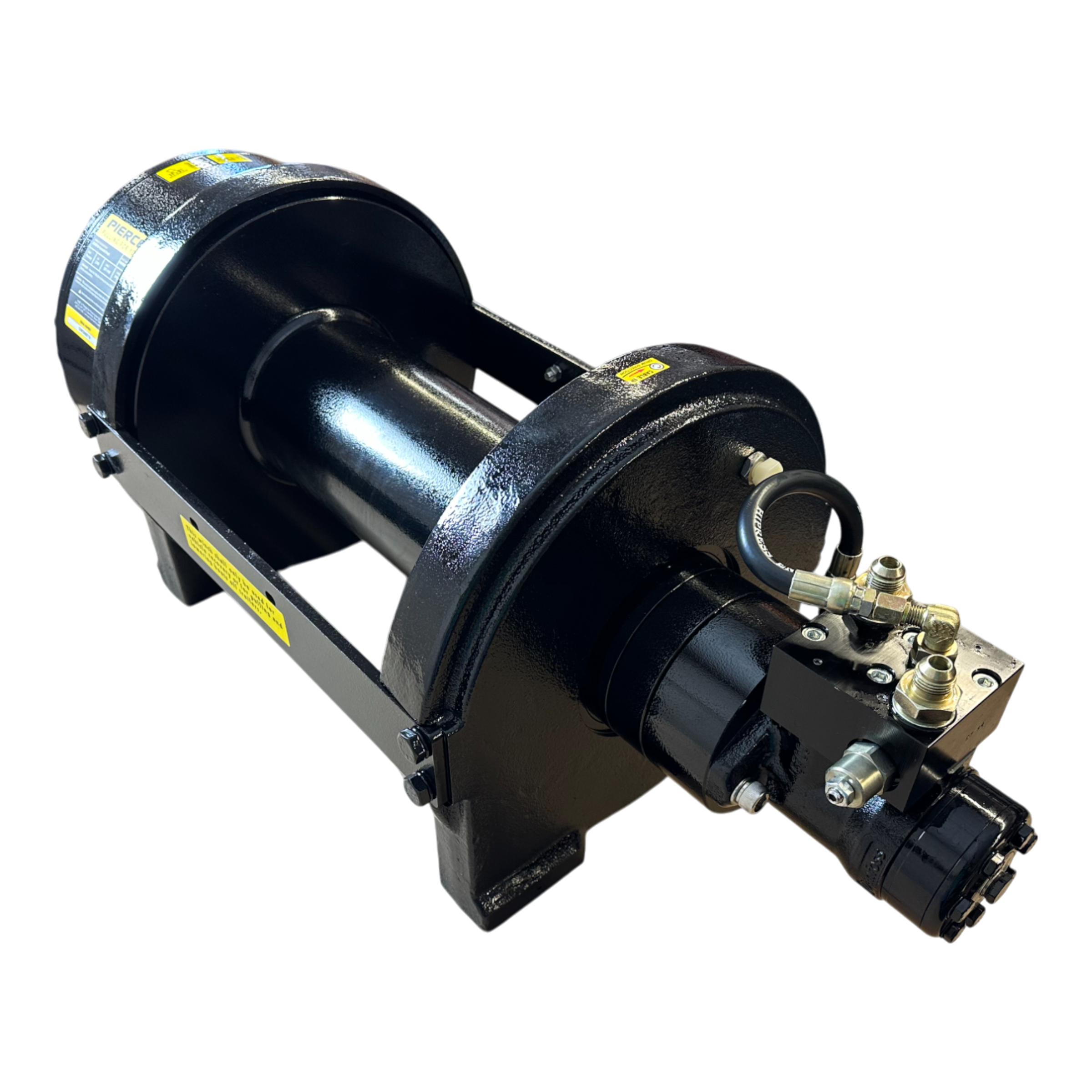 Against the black background, the PIERCE 30,000 lb Hydraulic Recovery Winch with a narrow drum and manual clutch, highlighted by its yellow labels, stands prominently.