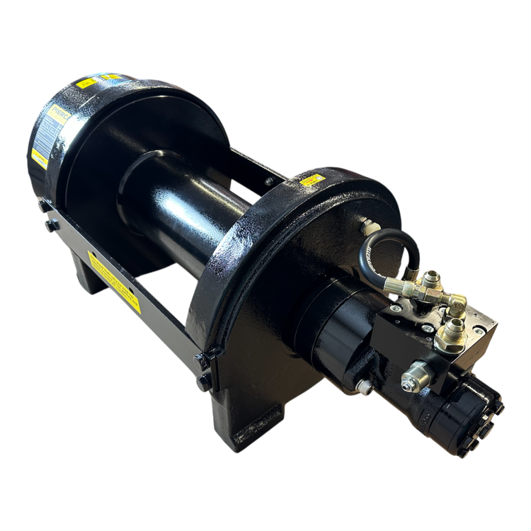 Against the black background, the PIERCE 30,000 lb Hydraulic Recovery Winch with a narrow drum and manual clutch, highlighted by its yellow labels, stands prominently.