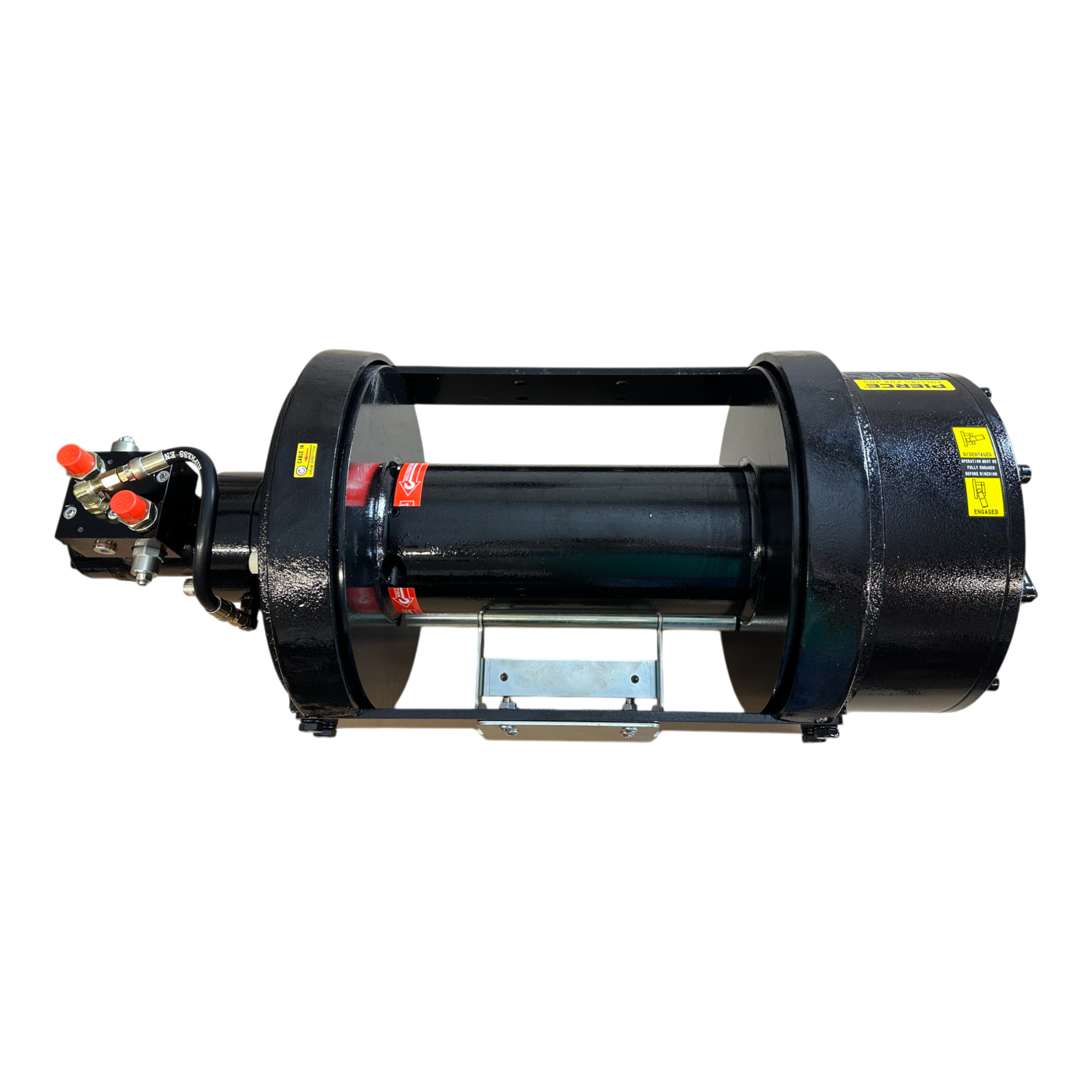 The 30,000 lb Hydraulic Recovery Winch by PIERCE features a black frame with red accents and a refined planetary gear system, showcased against a plain black backdrop.