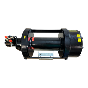 The 30,000 lb Hydraulic Recovery Winch by PIERCE features a black frame with red accents and a refined planetary gear system, showcased against a plain black backdrop.