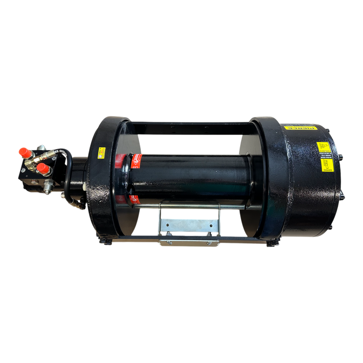The 30,000 lb Hydraulic Recovery Winch by PIERCE features a black frame with red accents and a refined planetary gear system, showcased against a plain black backdrop.