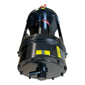 Close-up of a black mechanical device featuring yellow labels and red knobs on a black background, showcasing the PIERCE 30,000 lb Hydraulic Recovery Winch with a narrow drum and manual clutch, highlighting its intricate planetary gear system.