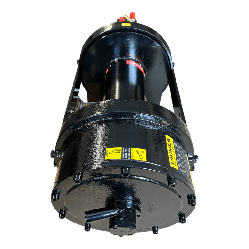 PIERCE 30,000 lb Hydraulic Recovery Winch with narrow drum and manual clutch, shown from the bottom with yellow safety labels against a white background.