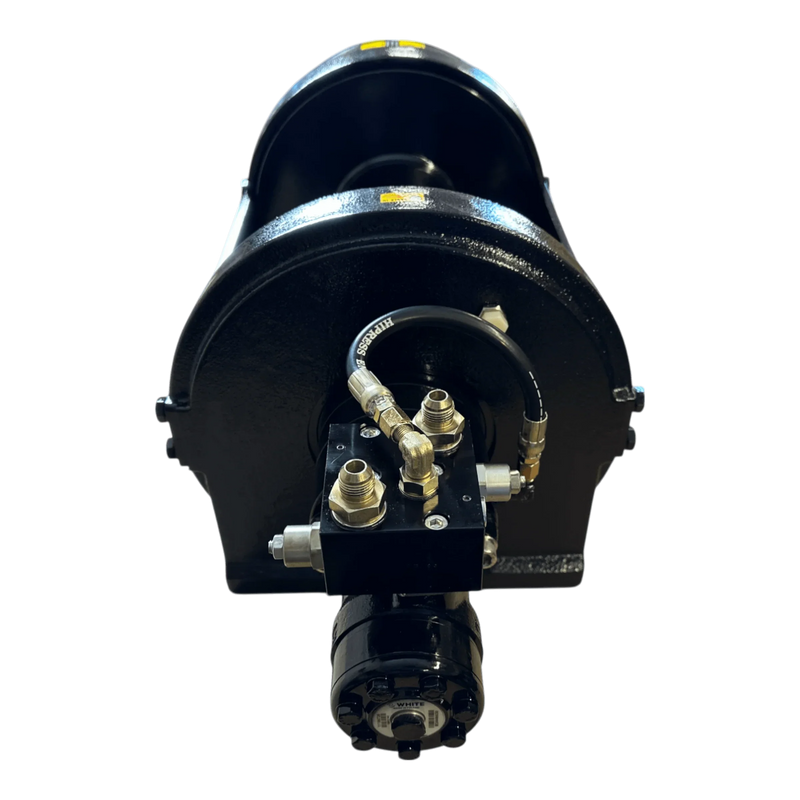 The PIERCE 30,000 lb Hydraulic Recovery Winch with narrow drum and manual clutch features durable metal fittings and cables, shown from the front on a white background.