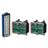 A 16-button controller known for its exceptional firmware efficiency sits alongside two transparent electronic devices on a black background, exemplifying the precision and innovation of the Lodar LTD's 30 Function IP SHIFT Wireless Control System from the 92 Series with FET Receiver.