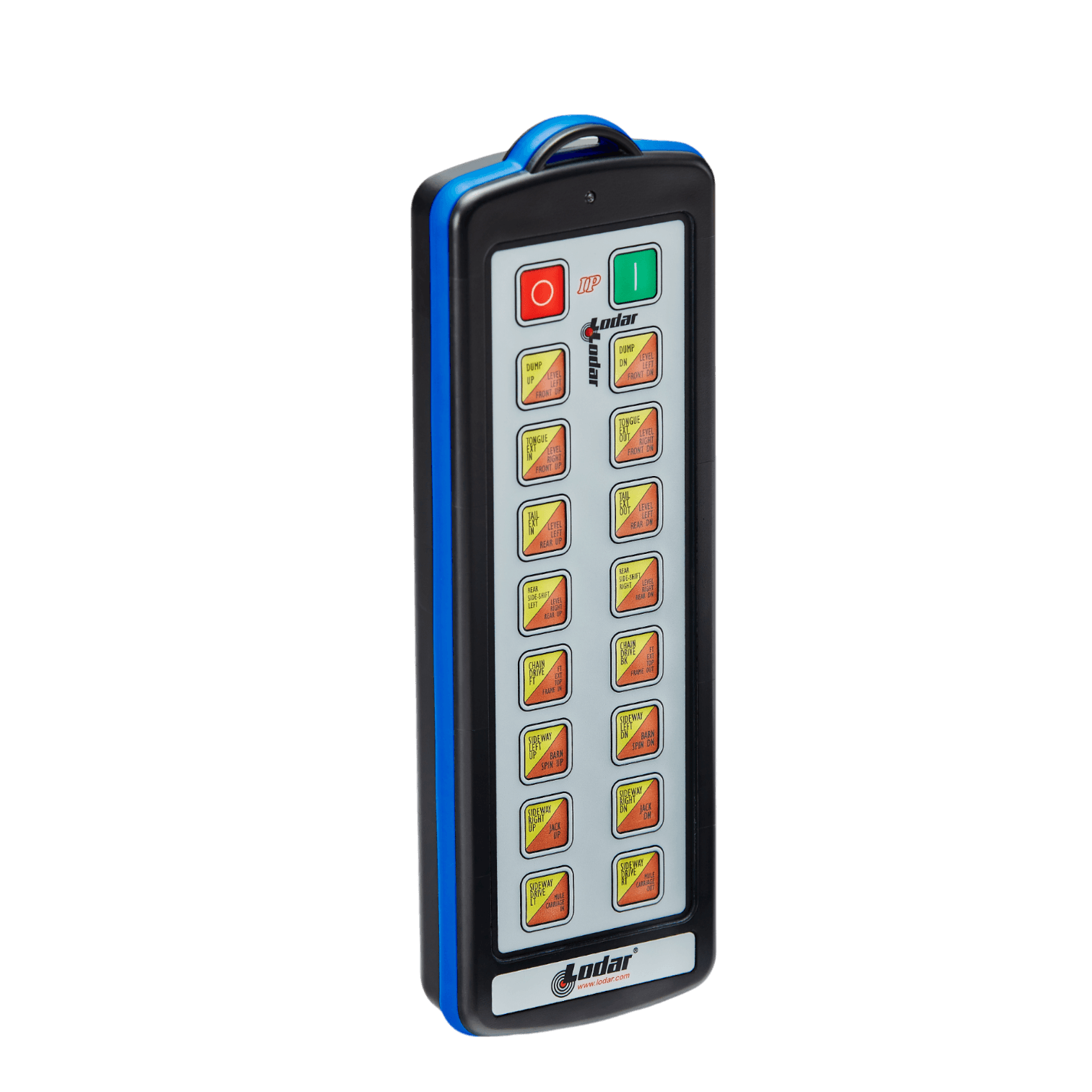The 32 Function Lodar Replacement IP SHIFT Transmitter from Lodar LTD is a sophisticated remote control equipped with 20 yellow buttons, and features two prominent red and green buttons at the top. Its firmware guarantees smooth operation, offering precise control in any situation.