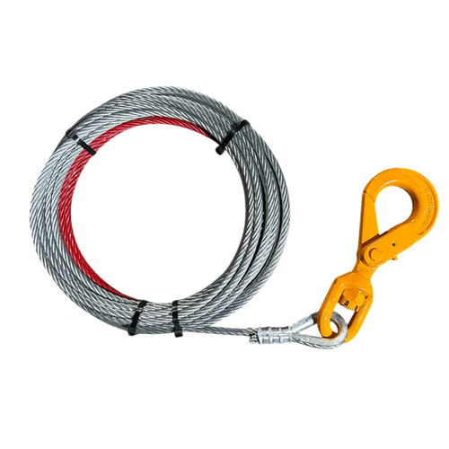 The Internal - Pierce Assembly Team 3/8" Winch Cable features a yellow metal hook, black ties for security, and a distinctive red stripe marking on the cable.