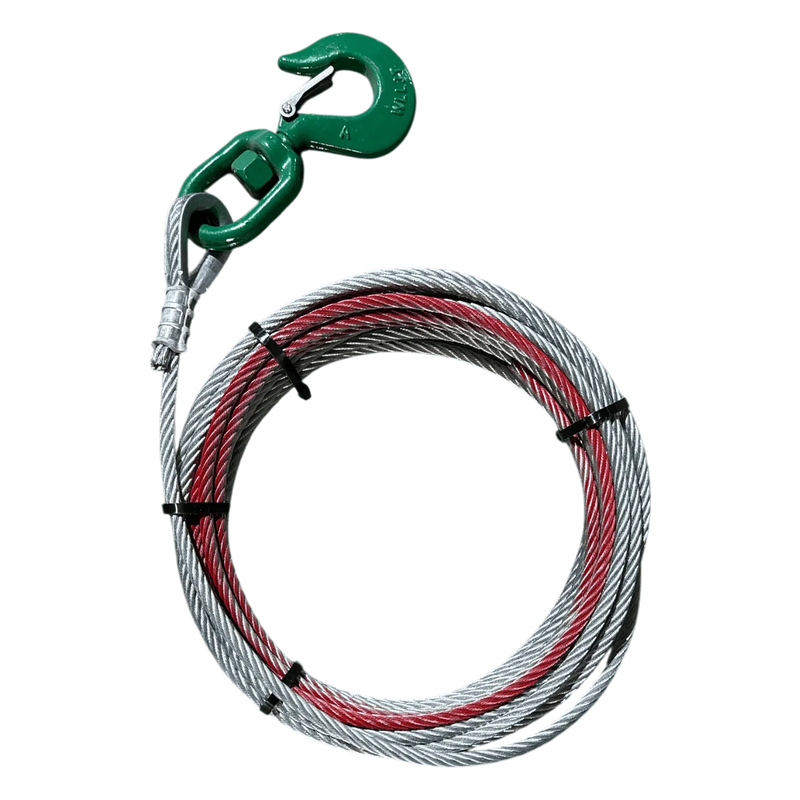 The Internal - Pierce Assembly Team 3/8" Winch Cable features a heavy-duty coiled steel build, black ties, and a green metal hook on one end.
