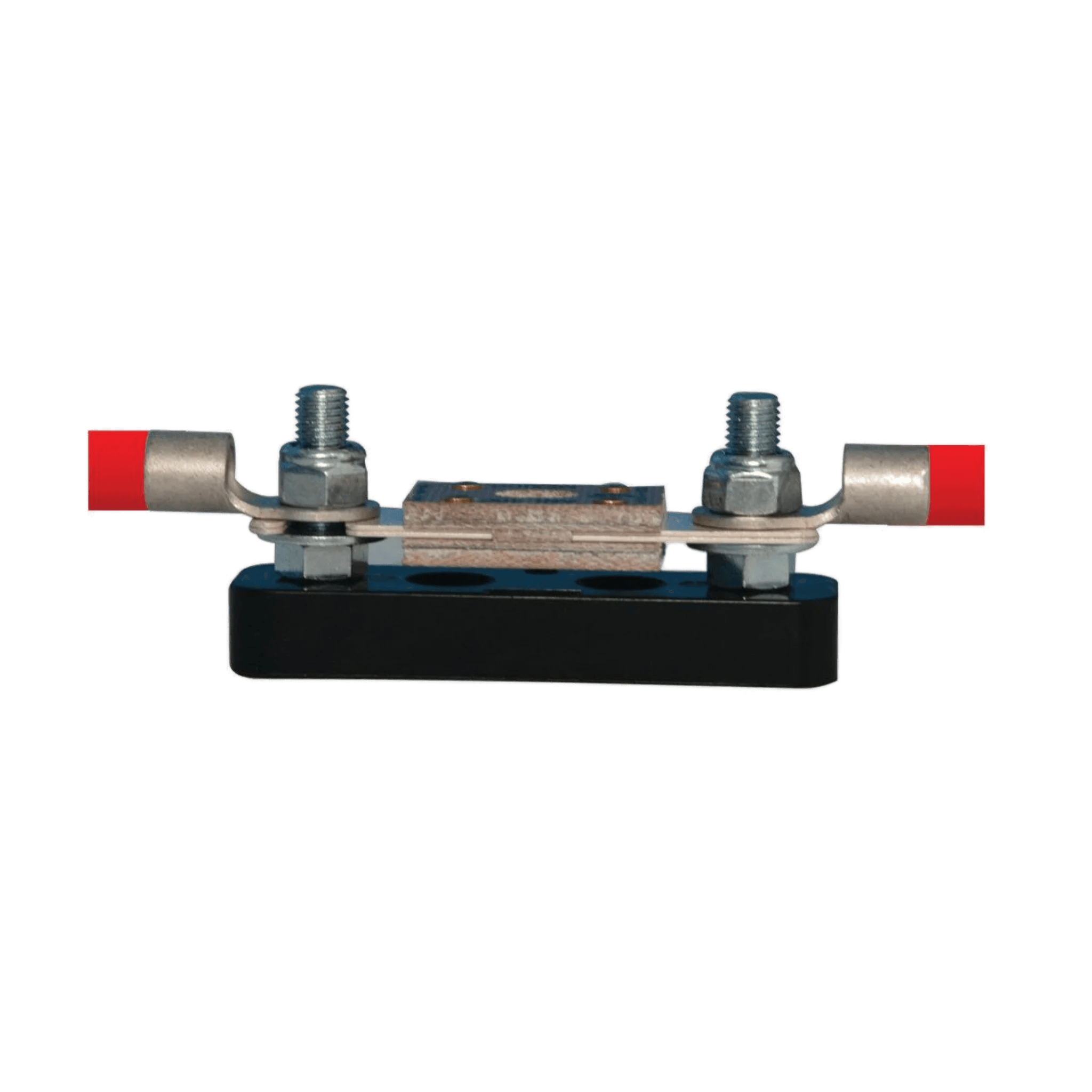 Close-up of an electrical terminal block with red cables, featuring a PIERCE 400 Amp Fuse & Holder for enhanced safety.
