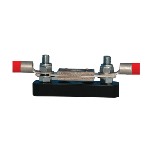 Front view of the 400 Amp Fuse & Holder from Internal - Pierce Assembly Team, featuring red-tipped cables on both terminals—perfect for PIERCE electric winches.