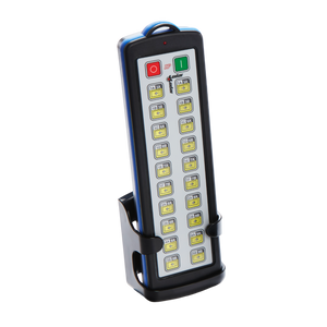 The 40 Function Lodar Replacement IP SHIFT Transmitter | 92 Series from Lodar LTD comes with a stylish black stand and 20 buttons, including several yellow ones for quick access. It features a prominent red stop button, a green start button, and advanced firmware to guarantee smooth remote control operation.
