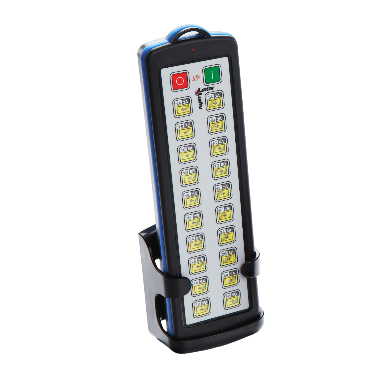 The 40 Function Lodar Replacement IP SHIFT Transmitter | 92 Series from Lodar LTD comes with a stylish black stand and 20 buttons, including several yellow ones for quick access. It features a prominent red stop button, a green start button, and advanced firmware to guarantee smooth remote control operation.