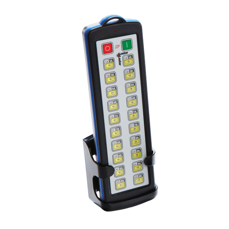 The 40 Function Lodar Replacement IP SHIFT Transmitter | 92 Series from Lodar LTD comes with a stylish black stand and 20 buttons, including several yellow ones for quick access. It features a prominent red stop button, a green start button, and advanced firmware to guarantee smooth remote control operation.