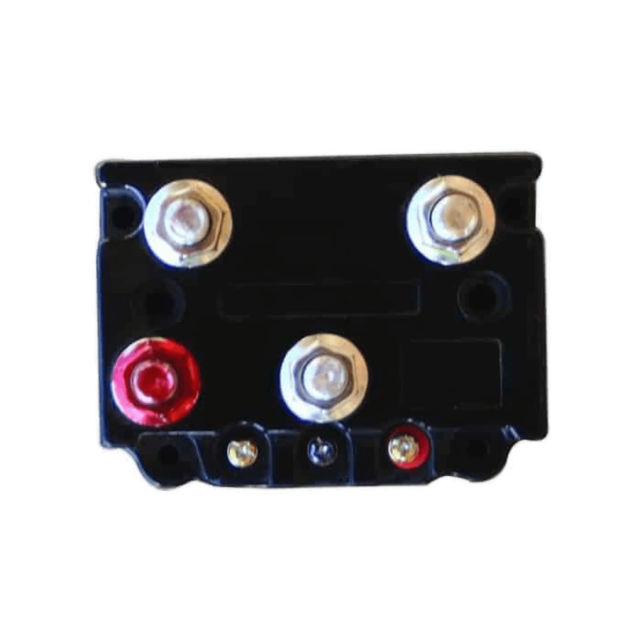 The PIERCE 450 Amp Solenoid Switch, in black, has a waterproof design with four metal bolts and two connectors—red and black. Its perfect for 12-volt applications.