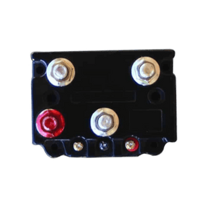 The PIERCE 450 Amp Solenoid Switch, in black, has a waterproof design with four metal bolts and two connectors—red and black. Its perfect for 12-volt applications.