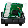 The Lodar LTD 4 Function 110V Replacement Relay Receiver, part of the 96 Series, features a transparent enclosure that encases a green circuit board with various components, all securely mounted within a black base. It is ideal for integration into 96 Series Systems as a replacement receiver for setups operating at 110V.