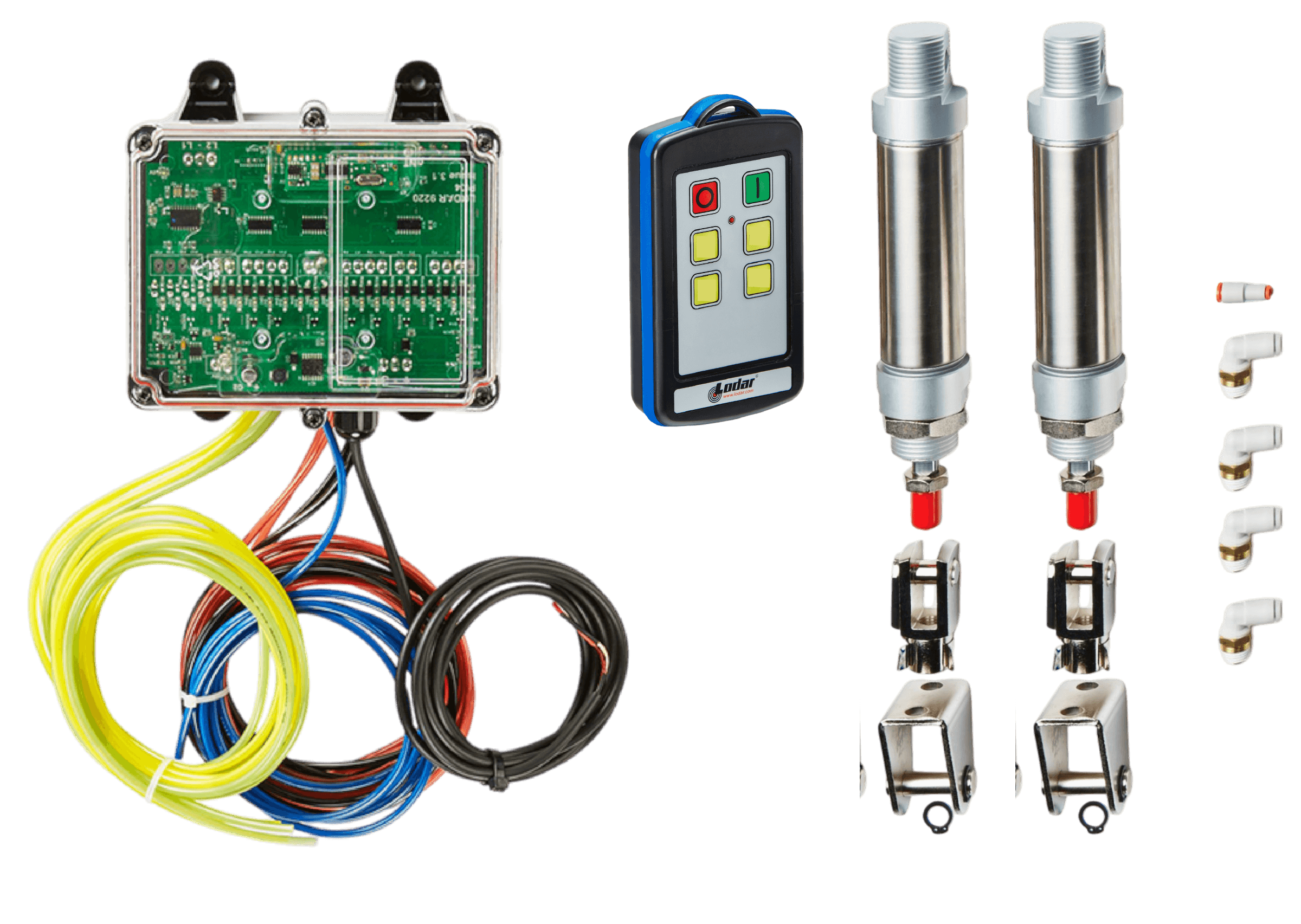 The Lodar Service 4 Function IP Wireless Actuator Control System (92 Series) with FET Air Receiver includes electronic components and wiring, a remote control for wireless valve operation, two pneumatic actuators, and metal fittings.