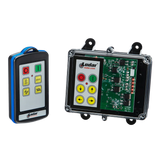 Two Lodar LTD's remote control devices from the 92 Series, featuring buttons and a circuit board, include an IP Transmitter for reliable connectivity. One device is handheld, and the other is securely mounted in a case, both complemented by a 4 Function FET Keypad Receiver for versatile operations.