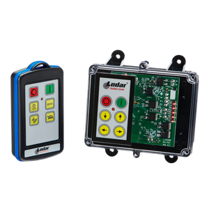 Two Lodar LTD's remote control devices from the 92 Series, featuring buttons and a circuit board, include an IP Transmitter for reliable connectivity. One device is handheld, and the other is securely mounted in a case, both complemented by a 4 Function FET Keypad Receiver for versatile operations.