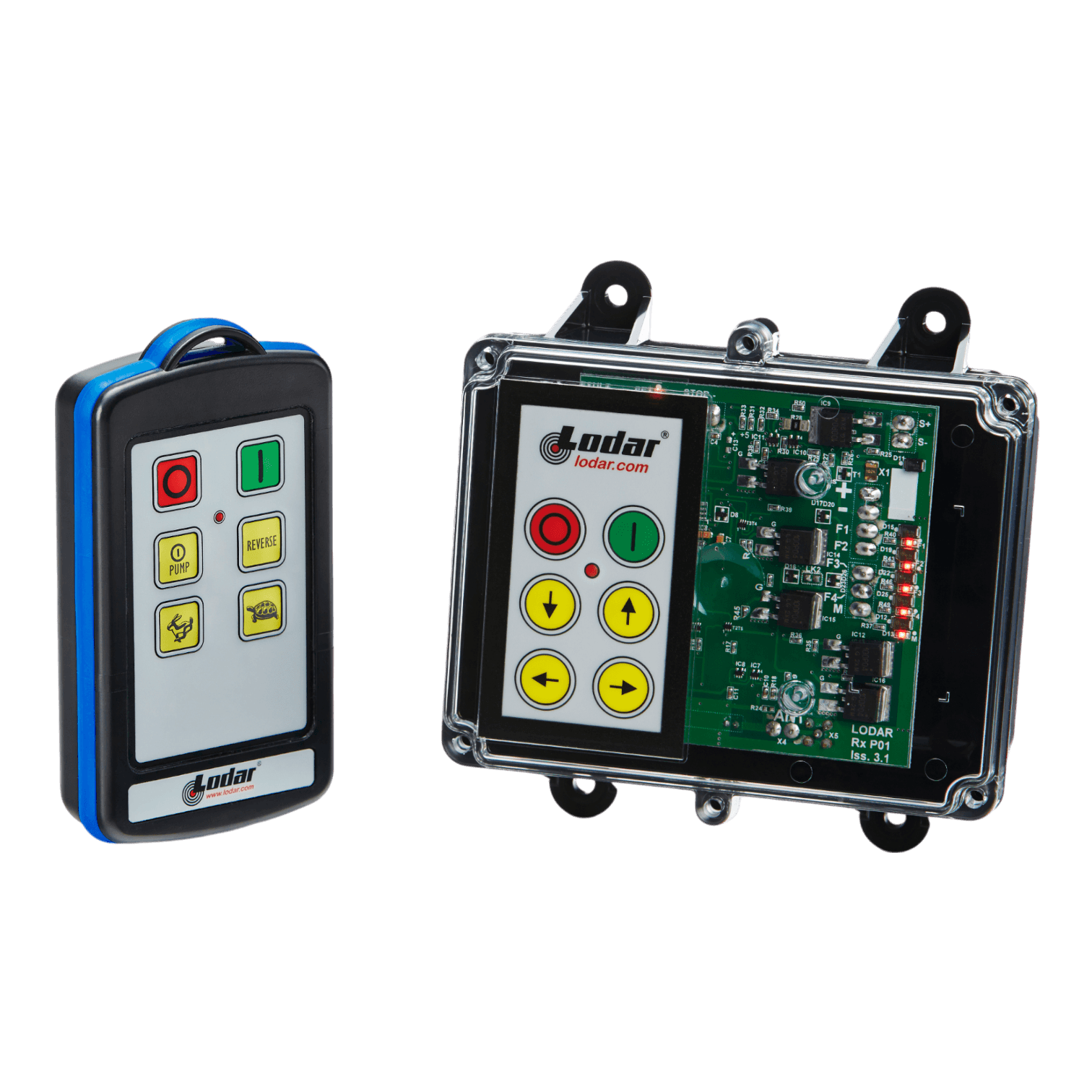 Two Lodar LTD's remote control devices from the 92 Series, featuring buttons and a circuit board, include an IP Transmitter for reliable connectivity. One device is handheld, and the other is securely mounted in a case, both complemented by a 4 Function FET Keypad Receiver for versatile operations.