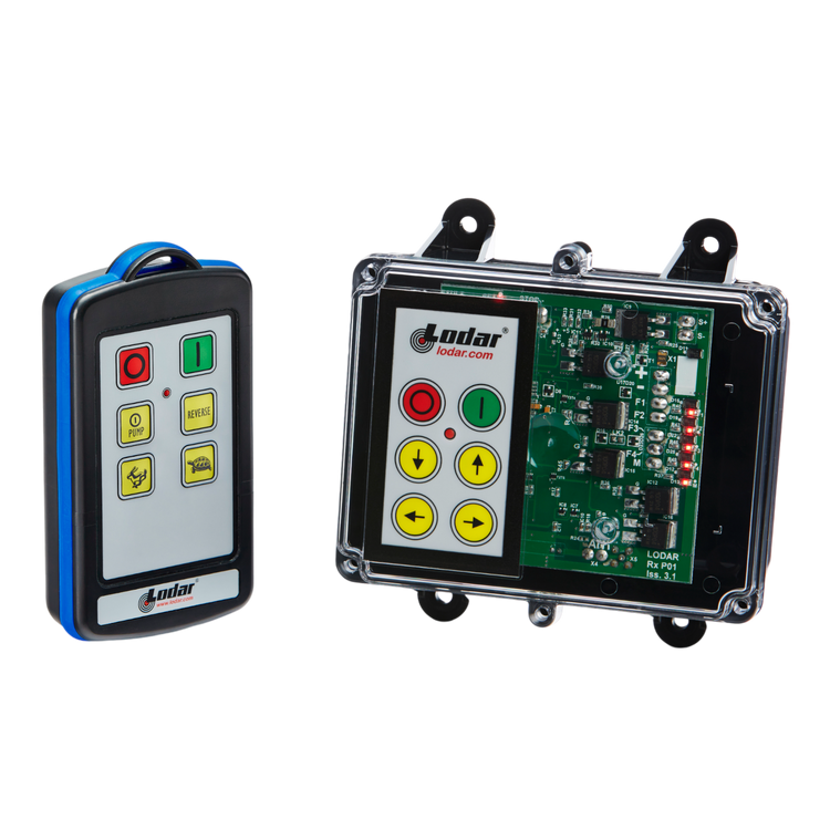 Two Lodar LTD's remote control devices from the 92 Series, featuring buttons and a circuit board, include an IP Transmitter for reliable connectivity. One device is handheld, and the other is securely mounted in a case, both complemented by a 4 Function FET Keypad Receiver for versatile operations.
