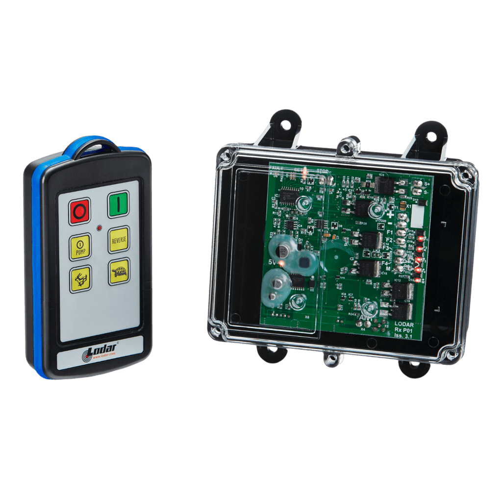 A Lodar LTD 4 Function IP Wireless Control System from the 92 Series, paired with a FET Receiver, featuring an industrial wireless control system with a range of 200 feet, sits beside a transparent electronic circuit board encased in black.