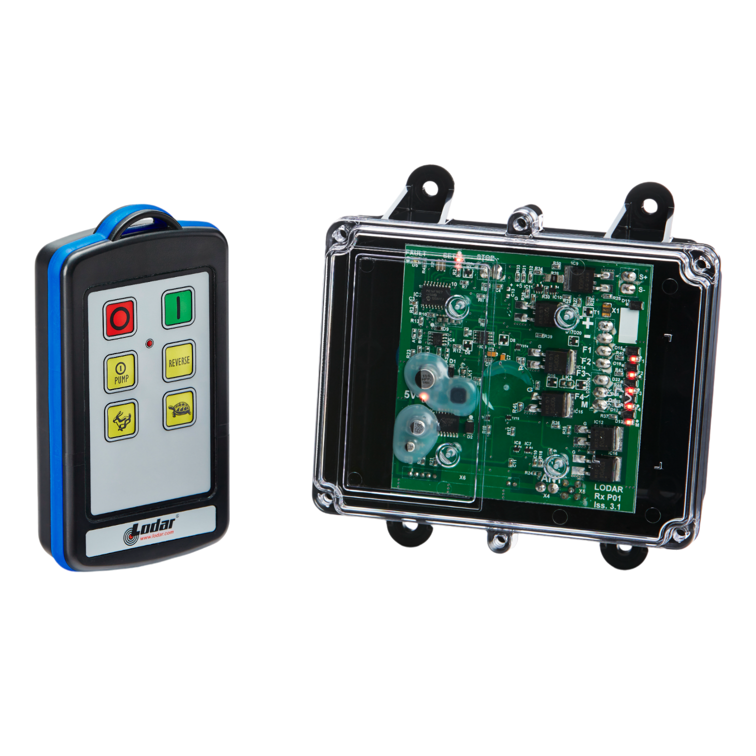 A Lodar LTD 4 Function IP Wireless Control System from the 92 Series, paired with a FET Receiver, featuring an industrial wireless control system with a range of 200 feet, sits beside a transparent electronic circuit board encased in black.