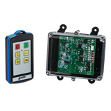 A Lodar LTD 4 Function IP Wireless Control System from the 92 Series, paired with a FET Receiver, featuring an industrial wireless control system with a range of 200 feet, sits beside a transparent electronic circuit board encased in black.